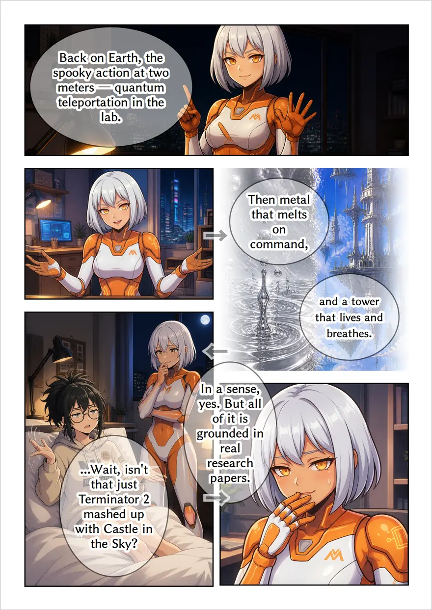 A page from the manga: Cloco describes quantum teleportation and shape-shifting metal while Nori cracks a pop-culture joke