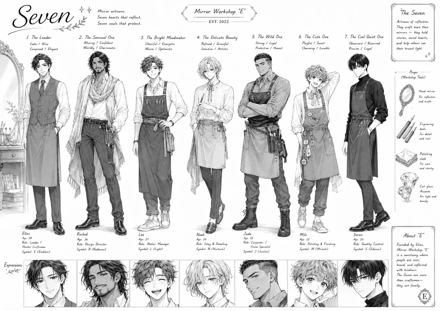 鏡工房〈セブン〉の七人の職人のキャラクターシート。リーダー、職人、若手など個性豊かな七人と工房の道具