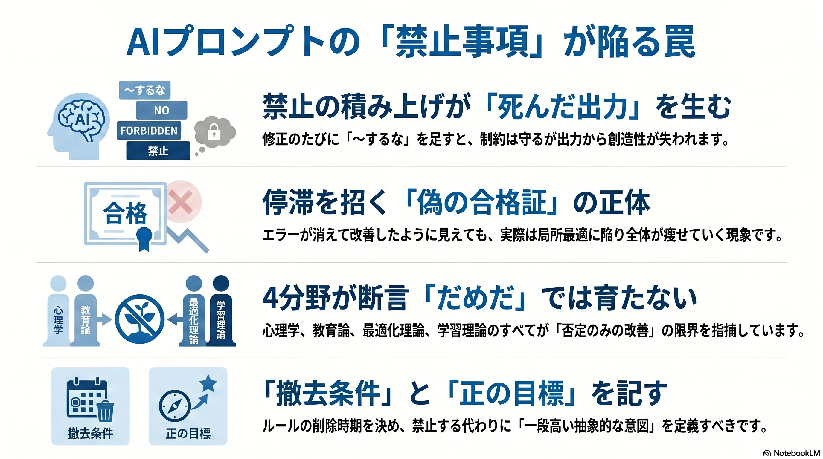 AIプロンプトの「禁止事項」が陥る罠 — 本記事の要点 4 ブロック (NotebookLM 生成)