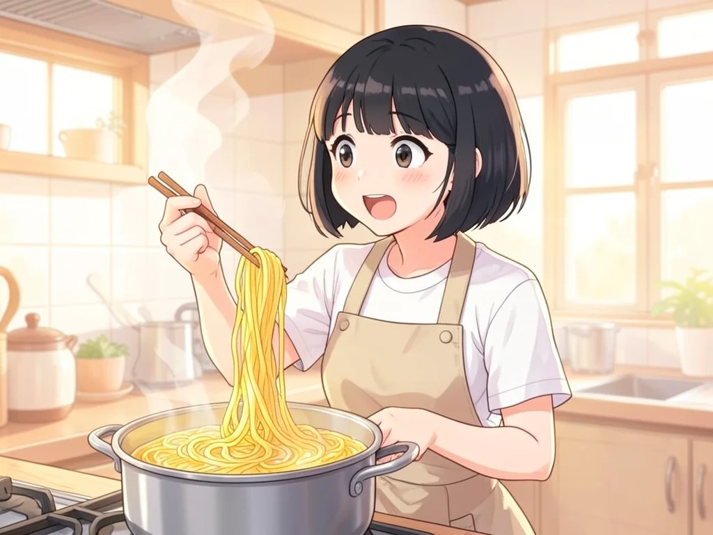 重曹で黄色くなった麺を持ち上げて驚く