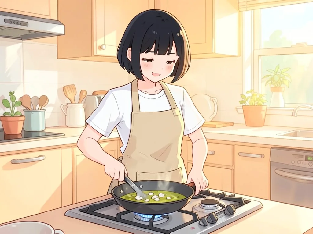 冷たいフライパンでにんにくを炒める