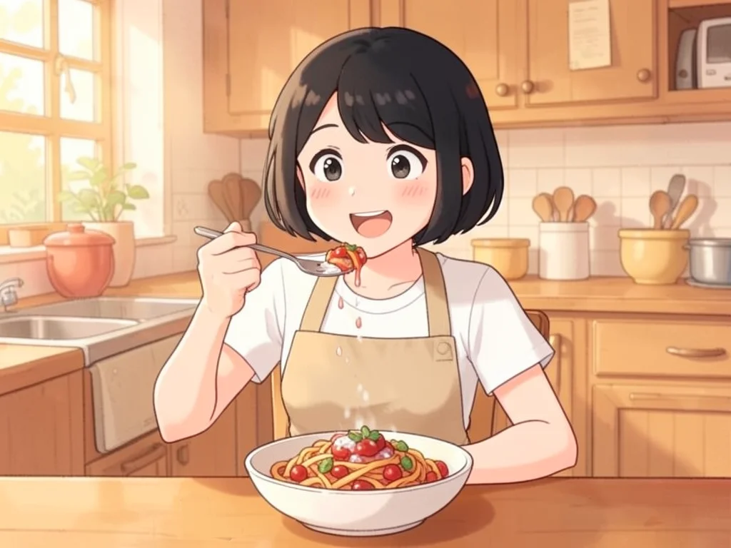 ペペロンチーノを味見して味の変化に気づく