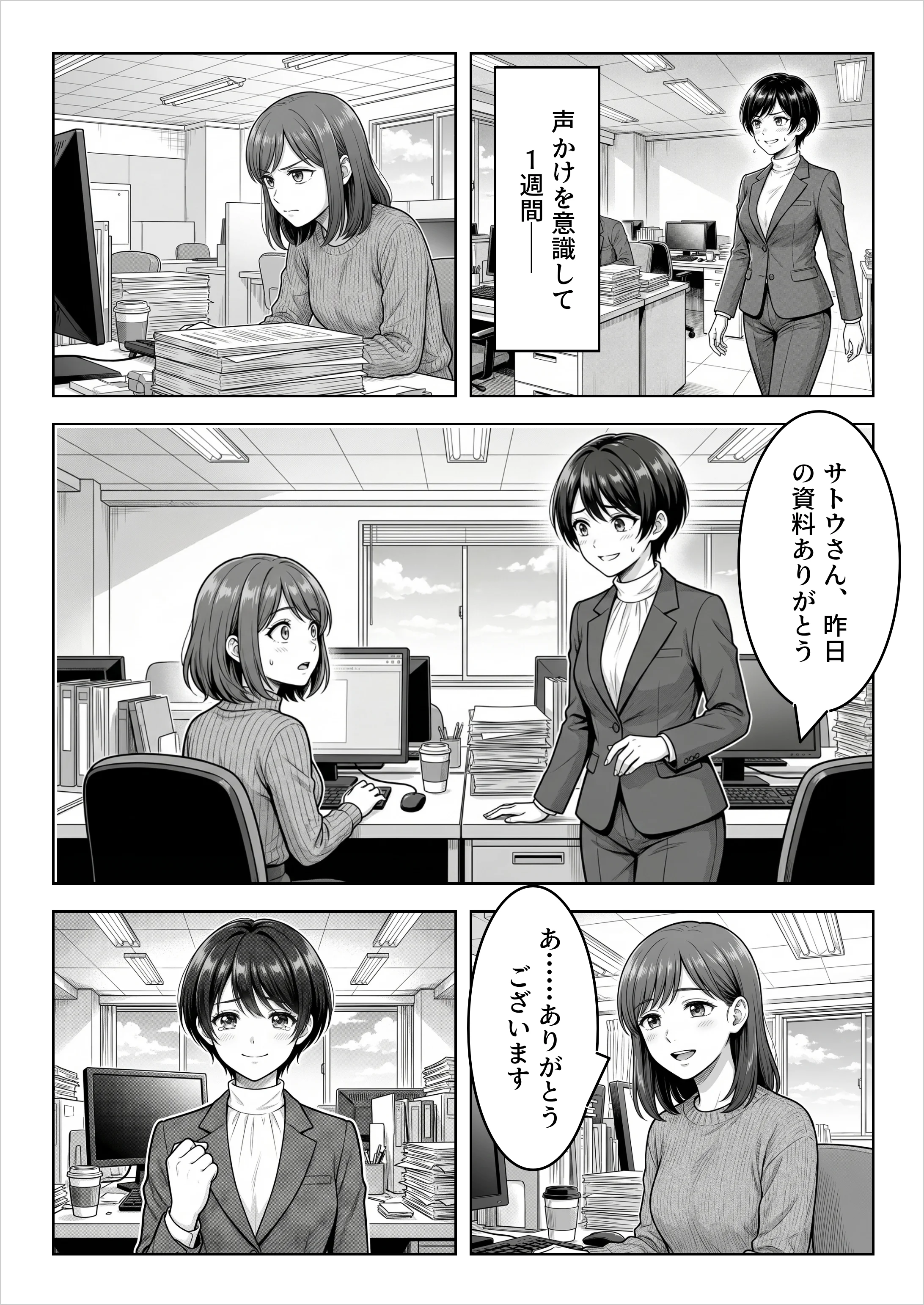 声かけを意識して1週間——サトウさん、昨日の資料ありがとう。あ……ありがとうございます